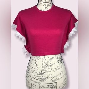 Blue Turtle Island, Cropped Tee with Lace Detail